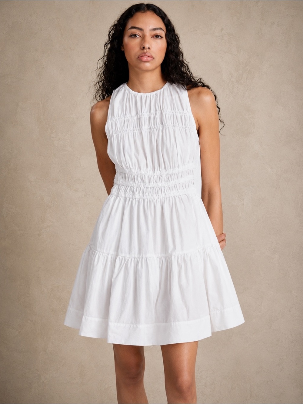 Free Assembly White Smocked Cotton Mini Dress w/ Pockets NWOT S 4-6 Cottagecore